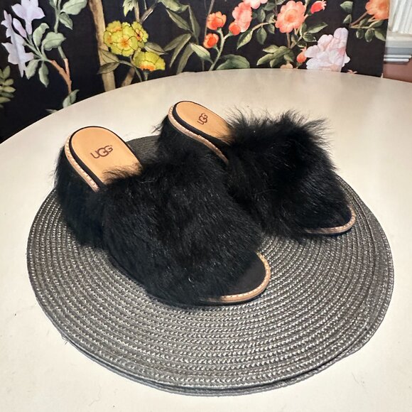 NWOB - UGG Rosa Fluff Heels Black Toscana Lamb Fur Heeled Mules Clogs NWT - US 7 - Picture 1 of 5